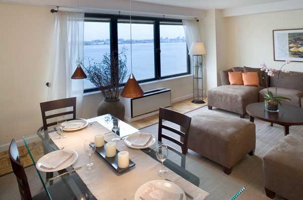 Waterside PlazaThe living room of a model apartment, with a view of 