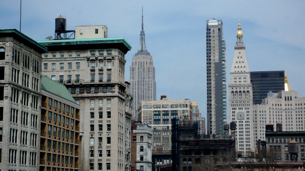 Upper floors and roofs of Flatiron District buildings, seen from Union Square.