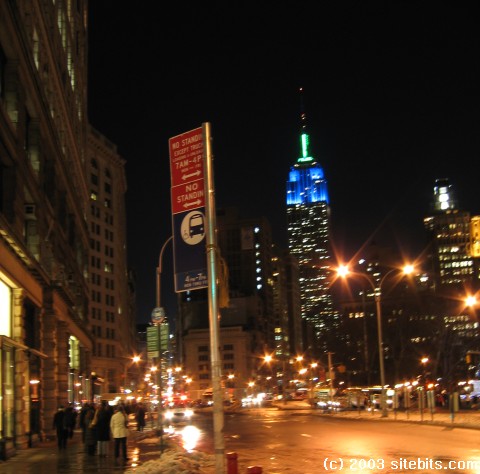 The Empire State Building at night as seen from Flatiron District.